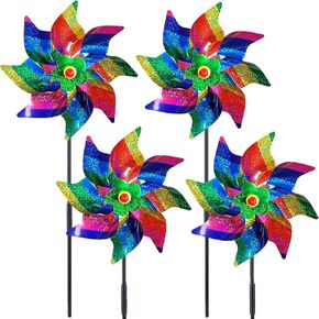 4pcs Reflective Pinwheels for Yard and Garden Extra Sparkly Pinwheels Wind Spinner Outdoor Bird Deterrents for Outside Scare Birds Away Windmill for Patio Christmas Outdoor Decor（Rainbow，9.4inch ）