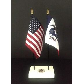 1 American and 1 Utah Executive Flag Set American Made Rayon 4x6 inch Desk Set Includes a 2-Hole White ArcticSno Base with a USA Great Seal and Two Flags