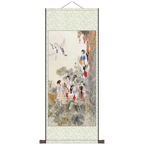 Scroll Painting Wall Decor Chinese Silk Hanging Paintings - Girls Touring Pattern, Daughter's Bedroom Ornaments Oriental Style Reel Painting(30 * 100)