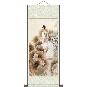 لوحة التمرير الصينية الشرقية - Lady in the Lotus Pond ، Asian Wall Art Art Hanging Silk Cenly Raink لغرفة نوم الحمام (A ، 35x100 سم/13.7x39.3inch)