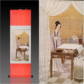 Chinese Wall Art Hanging Silk Scroll Painting - Classical Lady Painting Pattern, Blank Wall Decor, Office Study Room Bedroom(B,55x150cm/21.6x59inch)