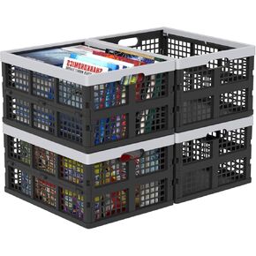 34 L Plastic Collapsible Storage Crate, Folding Plastic Crates, 4 Packs