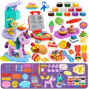 60 PCS 3 in 1 Dough Sets for Kids Ages 3-4-8, Art Crafts Dough Tools Kit, Unicorn Hair Stylist, Ice Cream Playset Hamburger Maker Machine, Kitchen Creations Food Play Toys Boys Girls