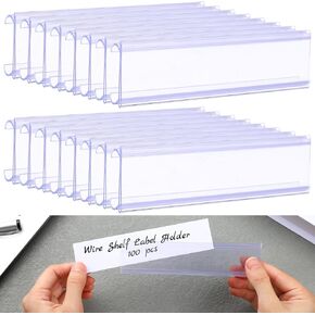 Kathfly 100 Pcs Wire Shelf Label Holder Wire Label Holder with Paper Insert Area 6"x1.25" Plastic Basket Compatible with 1-1/4 Inch Shelves Shelf Tags for Shelving