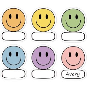 Smile Face Name Tags Back to School Boho Happy Face Nameplate Sticker 6 Designs Pastel Classroom Bulletin Board Decor Label Sticker for Office Desk Wall Decor, 120Pcs, 2.4 x 3.2 in