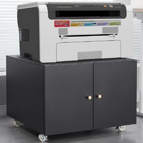 Maximize Office Space with Mobile Copier Cabinet, Durable Steel Design, Adjustable Height Dividers, 360 Universal Wheels, Black