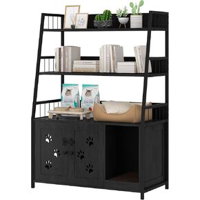 Recaceik Large Cat Litter Box Enclosure with Shelf Storage, Hidden Cat Washroom Furniture, Wooden Cat House with Scratch Pad, Sturdy Indoor Cat Cabinet with 2 Doors
