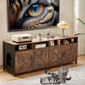 63" Double Cat Litter Box Enclosure for 2 Cats, Hidden Wooden Litter Box Furniture with Power Outlet, Farmhouse Large Litter Box Cabinet TV Stand, Indoor Cat House, Vintage Brown