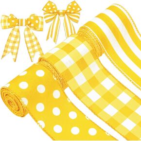 3 Rolls/ 15 Yards Yellow Burlap Wired Ribbons Plaid Wrapping Ribbons Buffalo Check Plaid Stripe Dots for Bee Lemon Theme Party DIY Crafts Summer Home Wreath Decoration