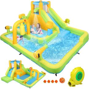 JOYMOR 10-in-1 Inflatable Water Slide Bounce House w/Deeper Pool, Obstacle Course, Climbing Wall, 1min Blow Up Water Slides for Kids Backyard Party Gift (Blower Included)