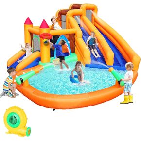 Inflatable Bounce House, Triple Water Slide for Kids with Double Cannon, Climbing Wall, Jumping, Splash Pool, Basketball Hoop for Outdoor Backyard Party, 10 in 1 Giant Castle Included 550W Air Blower