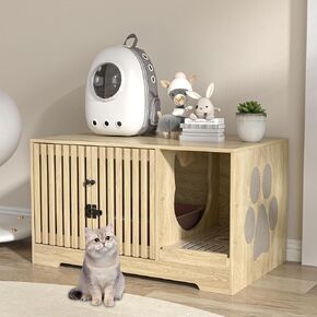 Cat Litter Box Enclosure Furniture, Hidden Litter Box with Scratch Pad, Modern Enclosed Litter Box Cabinet, Wooden Indoor Cat House Washroom, End Table (Brown)