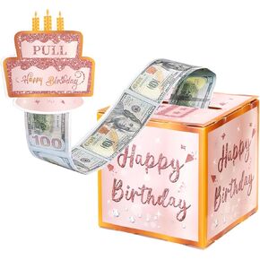 Hoyuwak Pink Rose Gold Birthday Money Gift Box for cash - DIY Pull-Out Cash Present with Age Stickers, Transparent Bags, Fun Surprise Gift for Family & Friends