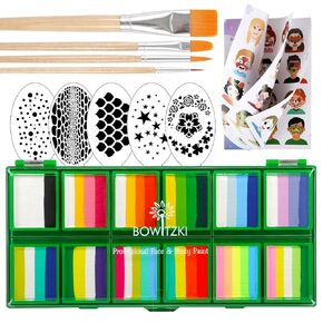 Bowitzki Face Paint 12x10 gm Professional Body Painting Kit For Kids Adults Stencil One Stroke Split Cake Non Toxic Rainbow Flora Unicorn Flame Makeup Halloween Christmas Easter -Green set