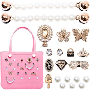 OYANIMO 21pcs Charms for Bogg Bag Accessories, Flowers Butterfly Pearls Chains Rhinestone Accessories Charms for Insert Beach Tote Bags