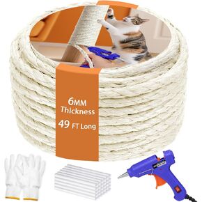 6MM Sisal Rope for Cat Scratching Post 49 FT, Natural Hemp Twine Rope Kit for Scratcher Repair Cat Tree Tower Wall Furniture Replacement with Hot Glue Gun and Sticks DIY Pet Toys Indoor White