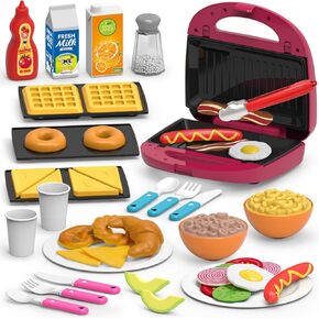 50Pcs Kids Pretend Play Breakfast Food Kitchen Toy Set, Waffle Maker Sandwich Machine with Light Sound and Accessories Include Food, Dishes & Utensil for Role Play Educational Toys for Kids Boys Girls