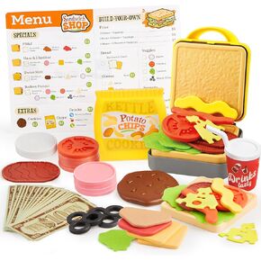 Play Food Toy for 3 4 5 6 Year Old Kids, 35 Pcs Play Kitchen Accessories, Interactive Panini Sandwitch Making Toy with Menu and Play Money, Restaurant Pretend and Play Toy for Girls Boys Birthday Gift