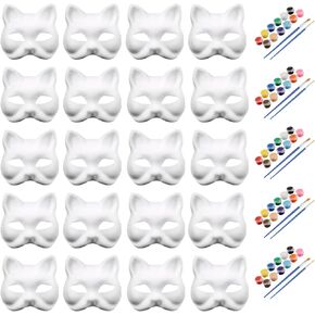20 DIY Cat Mask to paint White Therian Masks with Paint Brushes Strap Blank Animal Masks for Masquerade Cosplay Party
