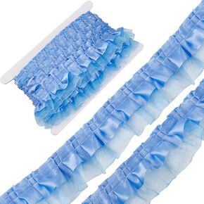GORGECRAFT 11 Yards 2-Layer Satin Organza Lace Edge Trim Pleated Ruffle Chiffon Ribbon Gathered Edging Trimmings Fabric for Cloth Dress Sewing Embroidered Applique Wedding Party Decor Blue