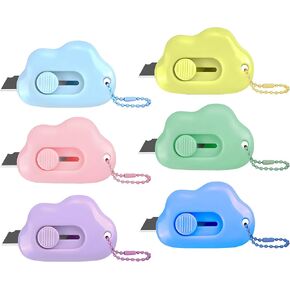 Cloud Shaped Retractable Box Cutter Set - 6 Pack with Key Rings,Stainless Steel Blade,Safe & Portable Letter Opener for Envelopes,Package,Mail,DIY,Paper Cutter for Home,Office,Outdoor(6 Coulor)