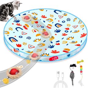 Interactive Cat Toys, Hide and Seek Cat Enrichment Toys for Indoor Cats, Automatic Cat Toy Fast Rolling Ball in Play Mat for Bored Indoor Adult Cats & 2PCS Hanging Feather Toy (28 Inch)