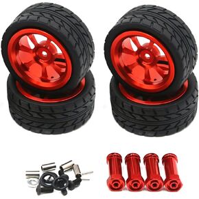 4PCS 1/14 RC Car Parts Red Wheels Rim Hubs + Rubber Tires for Wltoys 144001 B