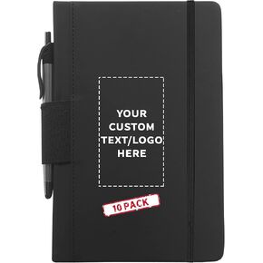 DISCOUNT PROMOS 10 Executive Notebooks with Pen Pack - Customizable Text, Logo - 6 x 8.5 inches, Recycled, Pen Loop, Closure Strap - Black