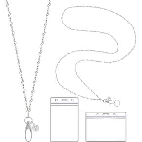 A-Z Letter Corrugate Stainless Steel Chain Lanyards for ID Badges Holder Keys Teacher Nurse Cruise Women Gifts with 2 Pieces ID Card Badge Holder
