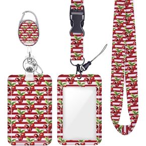 Horizontal Striped Cherry ID Badge Holder Badge Reel Lanyards for ID Badges Keychain Vertical Protector Retractable Carabiner Clips Heavy Duty Key Lanyard for Women Singer Musician Office Accessories