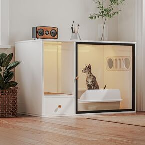 Cat Litter Box Enclosure Furniture Style, White Large Hidden Glass Door Kitty Cat Cabinet with Light and Storage Drawer, Fit Most of LitterBox (37.4'' W)
