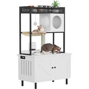 YITAHOME Cat Litter Box Enclosure with Shelves and Charging Station, Large Hidden Wooden Cabinet with Scratch Post, Feeding Station, and House Condo, White