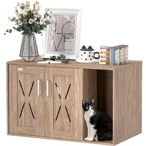 PawHut Cat Litter Box Enclosure, Hidden Litter Box Furniture with Scratching Board, Cat Washroom End Side Table for Indoor Use, 31.5" x 19" x 20", Walnut Brown