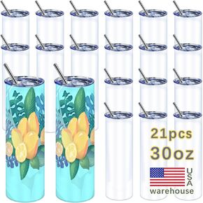 21 Pack sublimation tumbler blank 30 oz skinny Straight, Stainless Steel Double Wall Insulated Straight Sublimation Tumbler Cups Blank White with Lid, Individually Box
