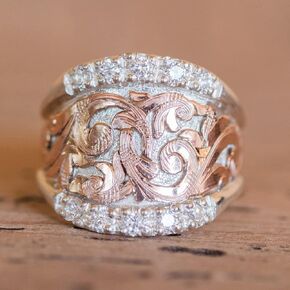 Vintage Court Relief Engraved Pattern 18K Gold Plated Two Tone Ring Simulated Diamond CZ Ring Fashion Men's Ladies Universal Engagement Wedding Rings Sizes 6-10 CZC735 (9)
