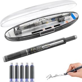 Atsy Fountain Pen Retractable 0.38mm, Blue&black Ink Medium Nib Transparent Barrel For Calligraphy, Includes 5 Refillable Ink Cartridges, For Smooth Writing No Leaking (Dark Blue)