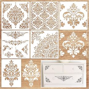 Large Damask Stencils for Walls Drawing Corner Border Stencils Reusable 12" Damask Stencil Template for Painting on Wood Wall Furniture DIY Crafts Canvas Fabric Decoration(damask6)