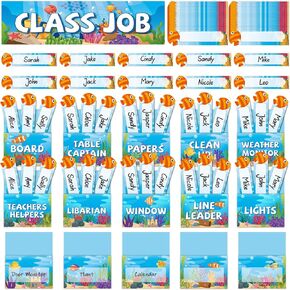 81pcs Summer Ocean Class Jobs Bulletin Board Sea Animal Themed Classroom Jobs Pocket Chart Set Teacher's Helper Chalkboard Wall Decoration for Back to School Under The Sea Party Supplies