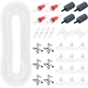 Pawfly Aquarium Tubing, 50 Feet Fish Tank Airline Tubing, Aquarium Air Pump Accessories Kit with Air Stones, Check Valves, Suction Cups, Air Control Valves and Connectors
