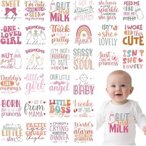 Baby Shower Iron on Transfers - 30Pcs Pink DTF Transfers Ready to Press, Cute Iron on Decals Patches for Baby Girls Bodysuit, Heat Appliques Vinyl Stickers for Baby Onesie Bibs Decorating Kit