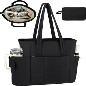 Puffer Tote Bag with Large Cup Holder Pocket& 15.6 Inch Laptop Compartment, Lightweight Puffy Work Bag with Portable Purse& Trolley Sleeve Strap for Office Commuter Teacher Nurse (Black)