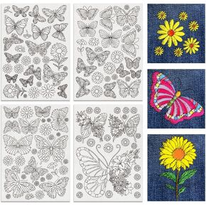 BENECREAT 4Sheets 27Pcs Moon Cat Water Soluble Embroidery, 11.7x8.3inch Stars and Flower Cat Stick and Stitch Embroidery Paper Stabilizer for Shirts, Coats, Bags