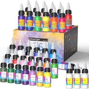 Oasser Airbrush Paint 33 Colors with 3 Thinner, Water-Based Acrylic Air Brush Paint Set, Ready to Spray for Beginners, Hobbyist and Artists, 20 ml/Bottle