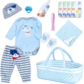 PEDOLLTREE Reborn Baby Dolls Clothes Boy Blue Dog Outfit Accessories 13 Pcs for 17-22 Inches Reborn Doll Newborn Boy with Blue Dot Bassinet