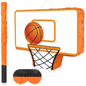 Basketball Piñata Bundle with Blindfold Bat, 15 x 11.8 x 3 Inch Basketball Birthday Sports Party Supplies for Kids Adults Sports Birthday Carnival Events Favors Decorations