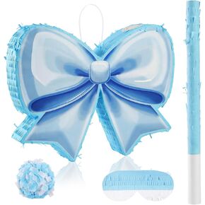 Bow Piñata Birthday Party Decorative Bow Tie Piñata with Blindfold and Bat for Girls Kids Blue Bows Birthday Party Decorations Wedding (Small Size 16.5"x13"x3)