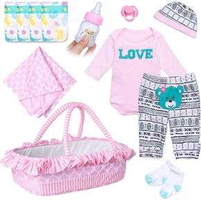PEDOLLTREE 12 Pcs Reborn Baby Dolls Clothes Girl Outfit Accessories for 17-22 Inch Reborn Doll Newborn Girl with Pink Love Heart Bassinet