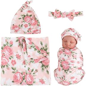 Aori Reborn Baby Dolls Clothes Newborn Receiveing Blanket with Floral Hat and Headband Set Nursery Swaddle Wrap for 18-24 inch Reborn Dolls