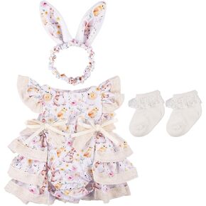 BABESIDE 4 Pcs Reborn Baby Doll Clothes Set for 17-22 Inch Babydolls, Cute Bunny Patterns Babydoll Dress Set with Socks and Headband for Lifelike Reborn Baby Dolls Accessories