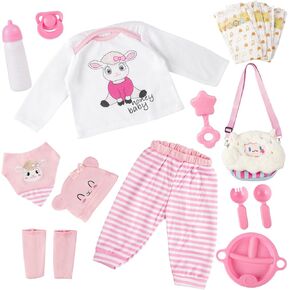 BABESIDE 11 Pcs Reborn Baby Doll Clothes and Accessories for 17-22 Inch Dolls, Pink Lamb Clothes Set with Bag and Diaper for Lifelike Baby Doll Girls(Dolls not Included)
